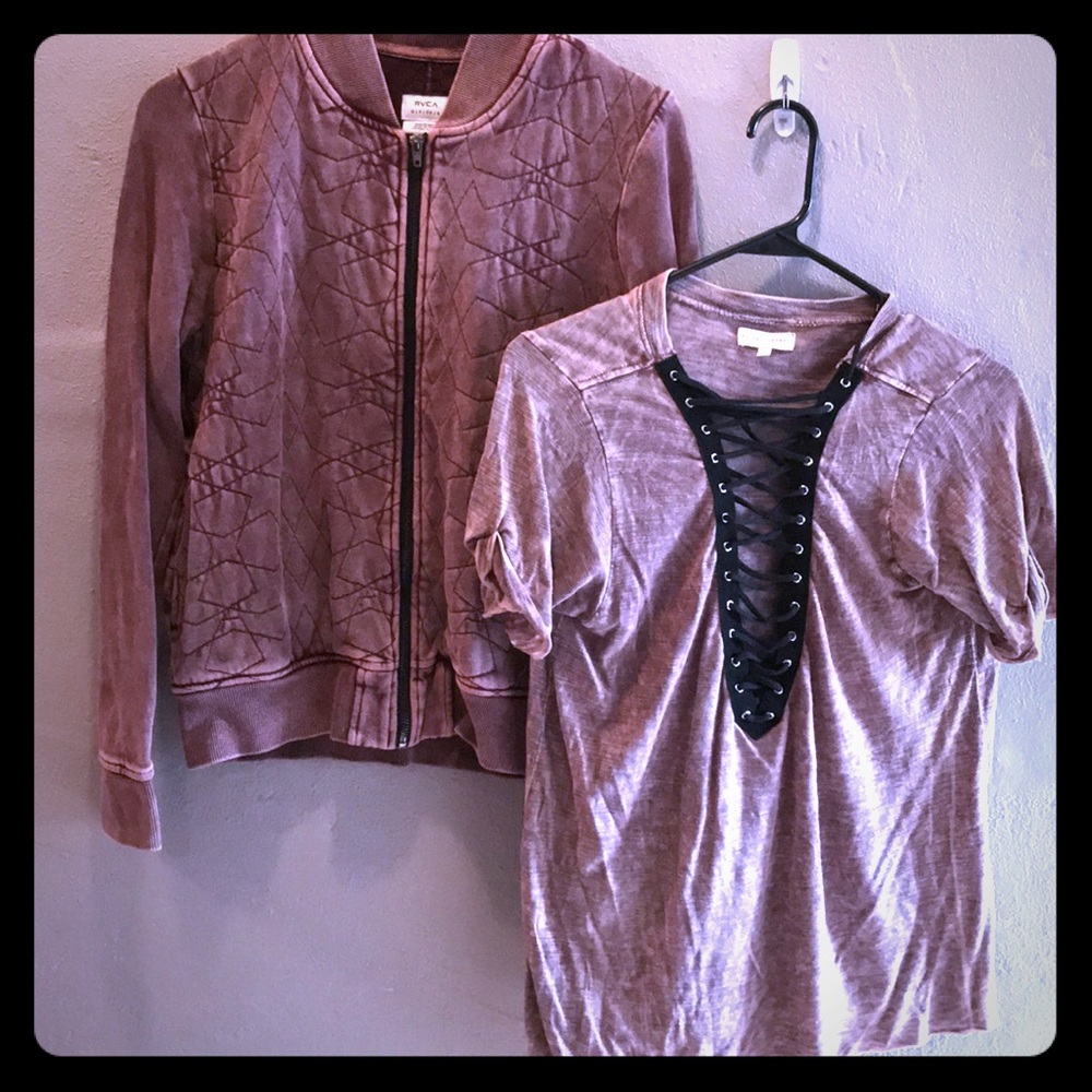 Quilted zipper jacket with lace front tee.